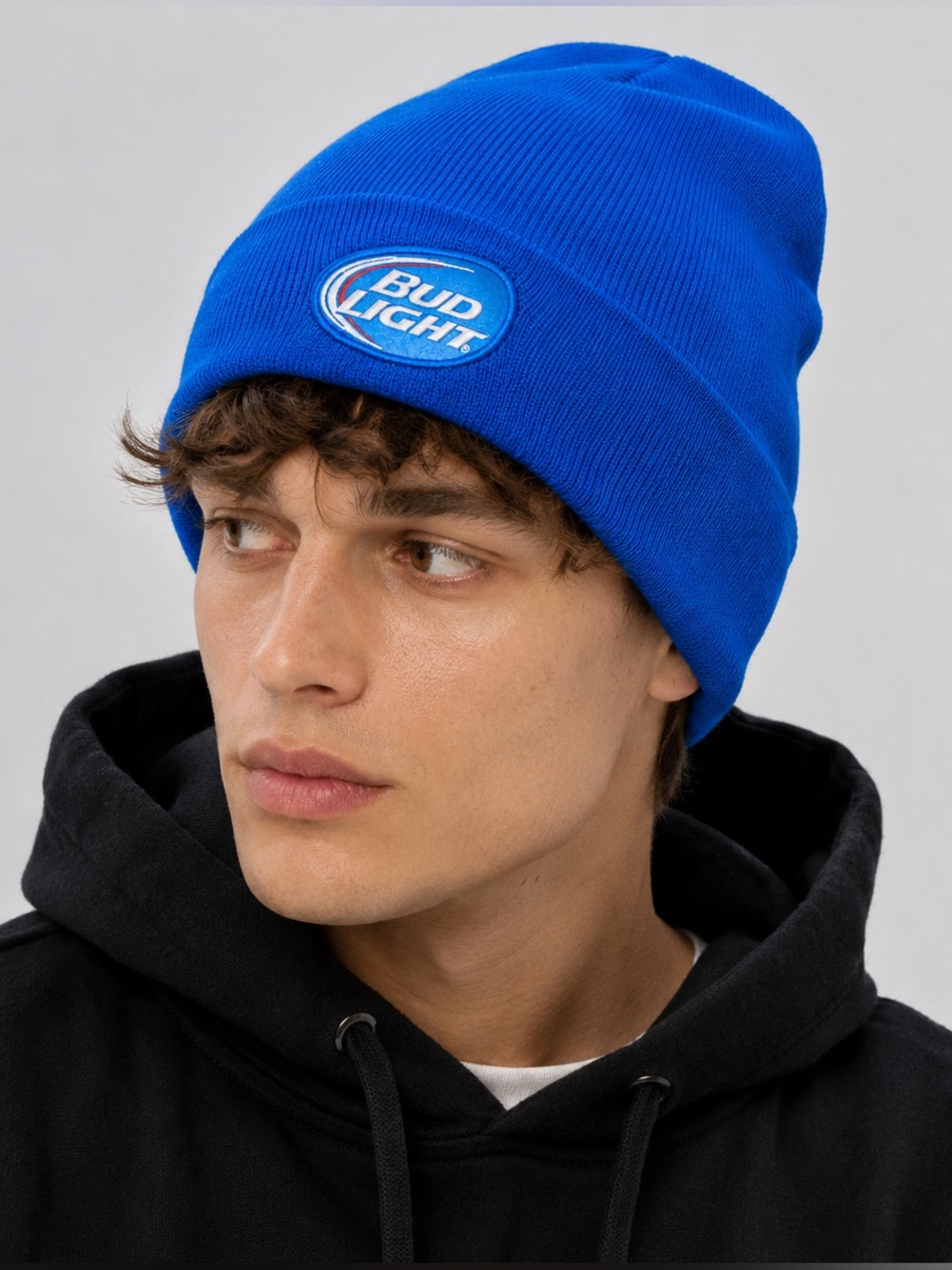 Bud Light Beer Beanie Adult Blue Knit Hat Logo Patch Barwear Tailgate Game Day